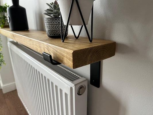 Rustic Radiator Shelf Solid Wood - Medium and Dark Oak Colour - Multiple Lengths Available - Brackets Included