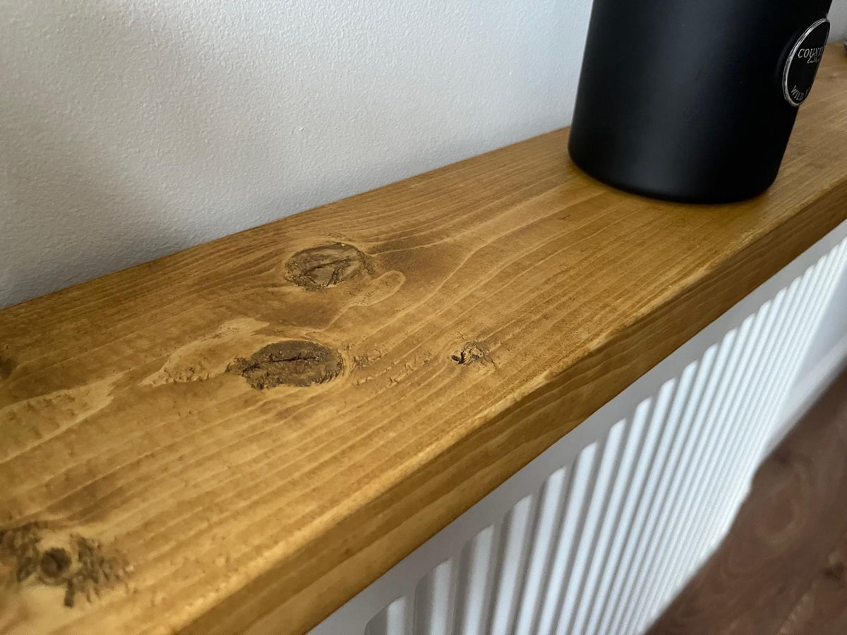 Rustic Radiator Shelf Solid Wood - Medium and Dark Oak Colour - Multiple Lengths Available - Brackets Included
