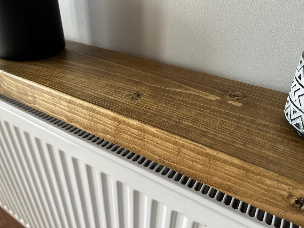 Rustic Radiator Shelf Solid Wood - Medium and Dark Oak Colour - Multiple Lengths Available - Brackets Included