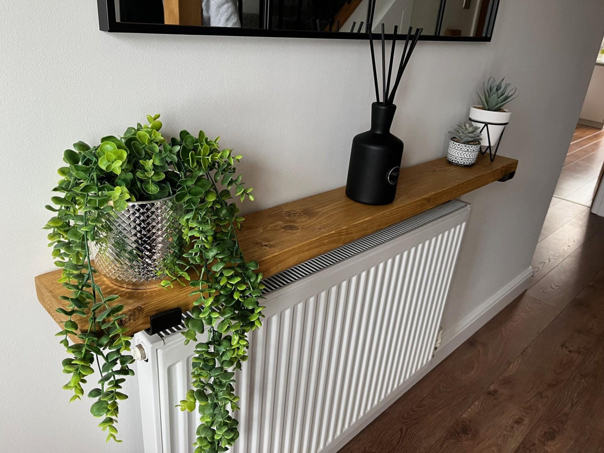 Rustic Radiator Shelf Solid Wood - Medium and Dark Oak Colour - Multiple Lengths Available - Brackets Included