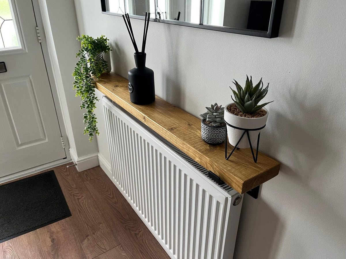 Rustic Radiator Shelf Solid Wood - Medium and Dark Oak Colour - Multiple Lengths Available - Brackets Included