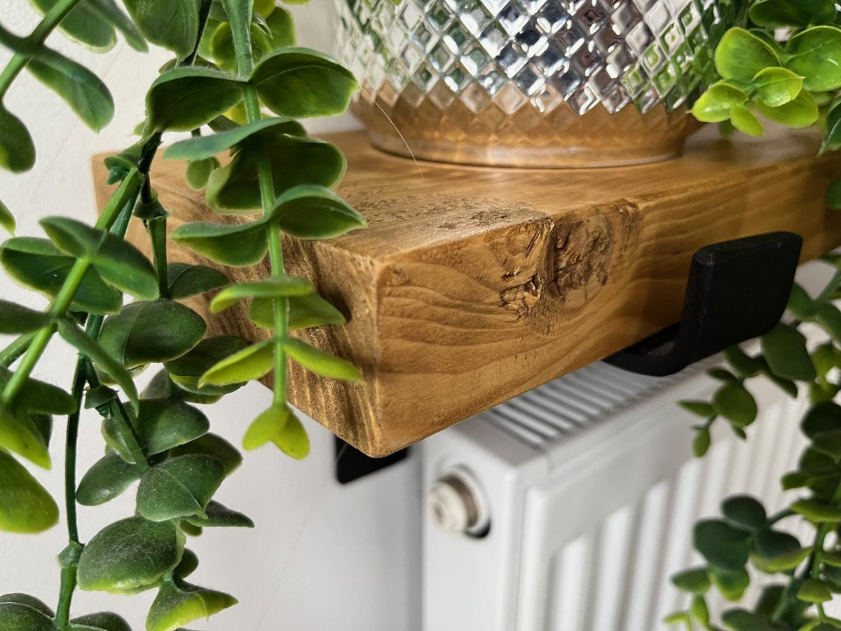 Rustic Radiator Shelf Solid Wood - Medium and Dark Oak Colour - Multiple Lengths Available - Brackets Included