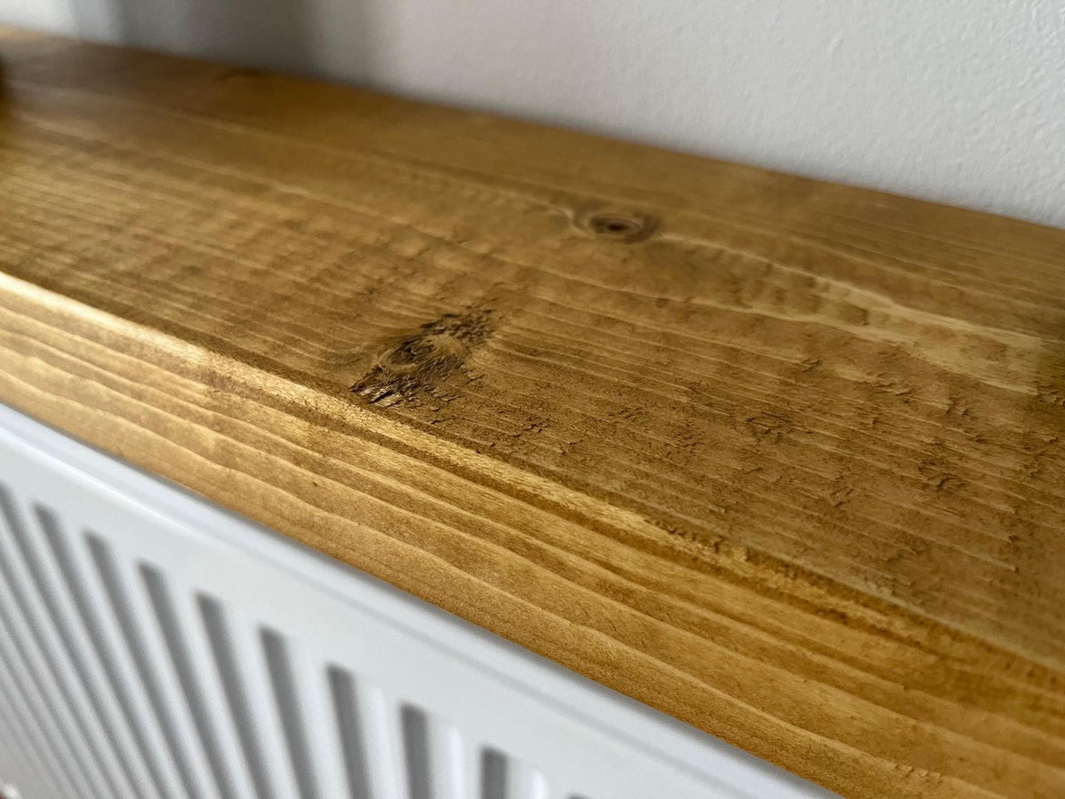 Rustic Radiator Shelf Solid Wood - Medium and Dark Oak Colour - Multiple Lengths Available - Brackets Included