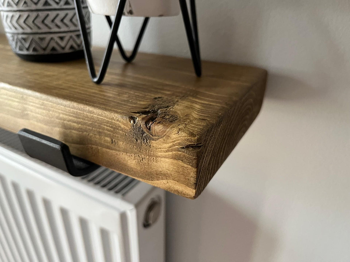 Rustic Radiator Shelf Solid Wood - Medium and Dark Oak Colour - Multiple Lengths Available - Brackets Included