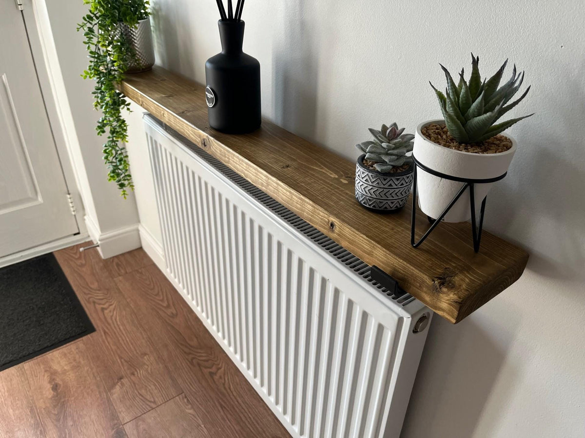 Rustic Radiator Shelf Solid Wood - Medium and Dark Oak Colour - Multiple Lengths Available - Brackets Included