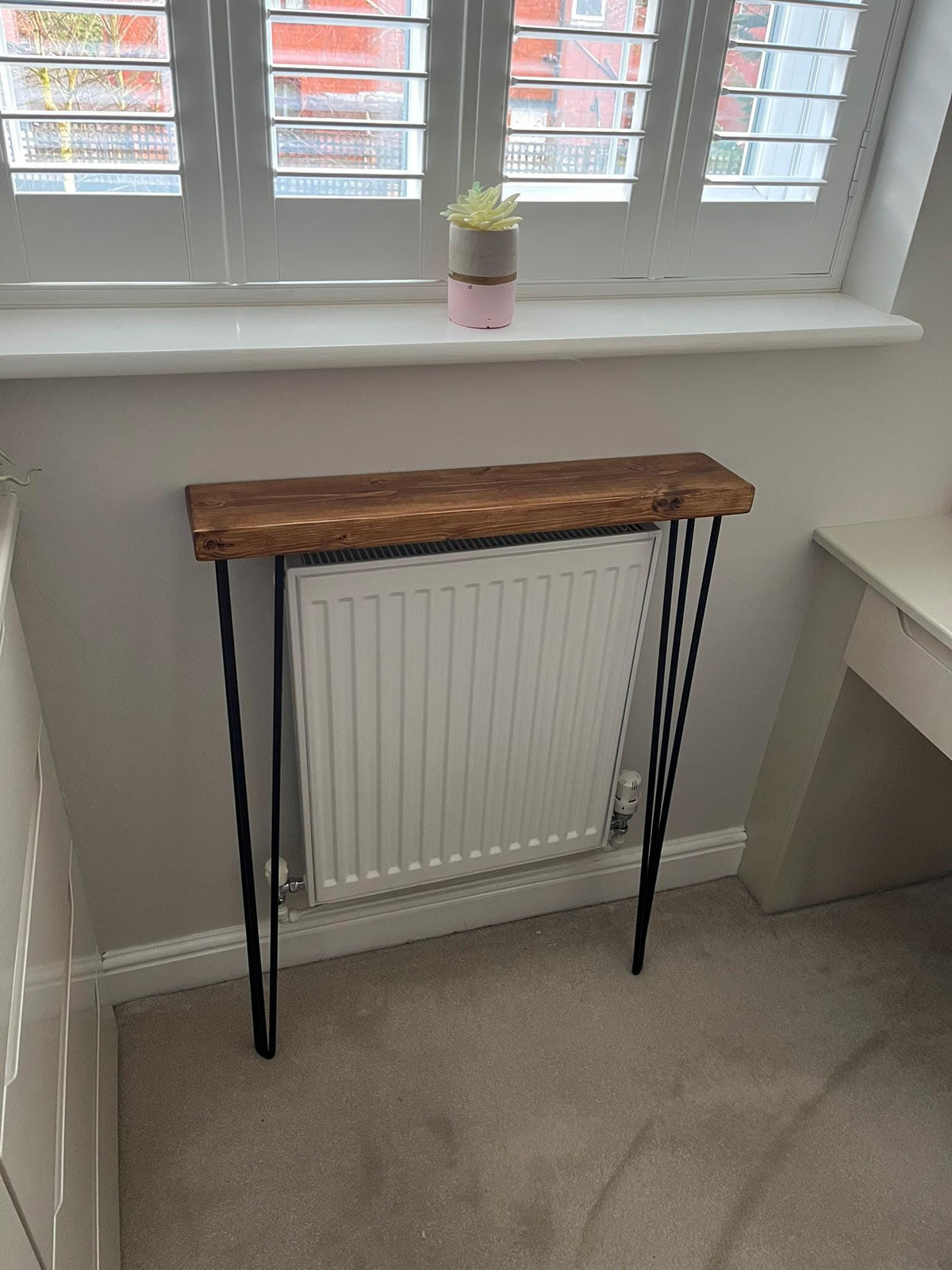 Solid Wood Radiator Shelf Console Table | Slim Hallway Table with Hairpin Legs (3 Colours)