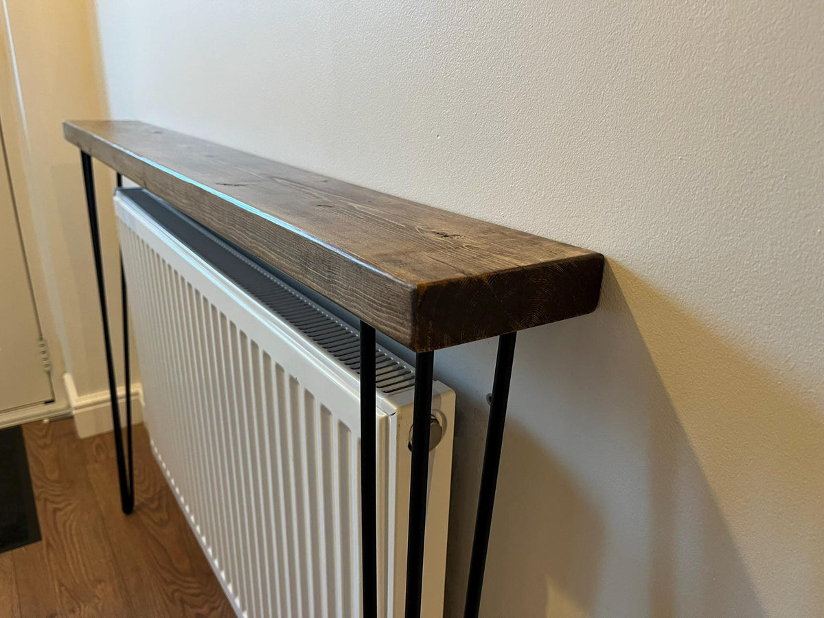 Solid Wood Radiator Shelf Console Table | Slim Hallway Table with Hairpin Legs (3 Colours)