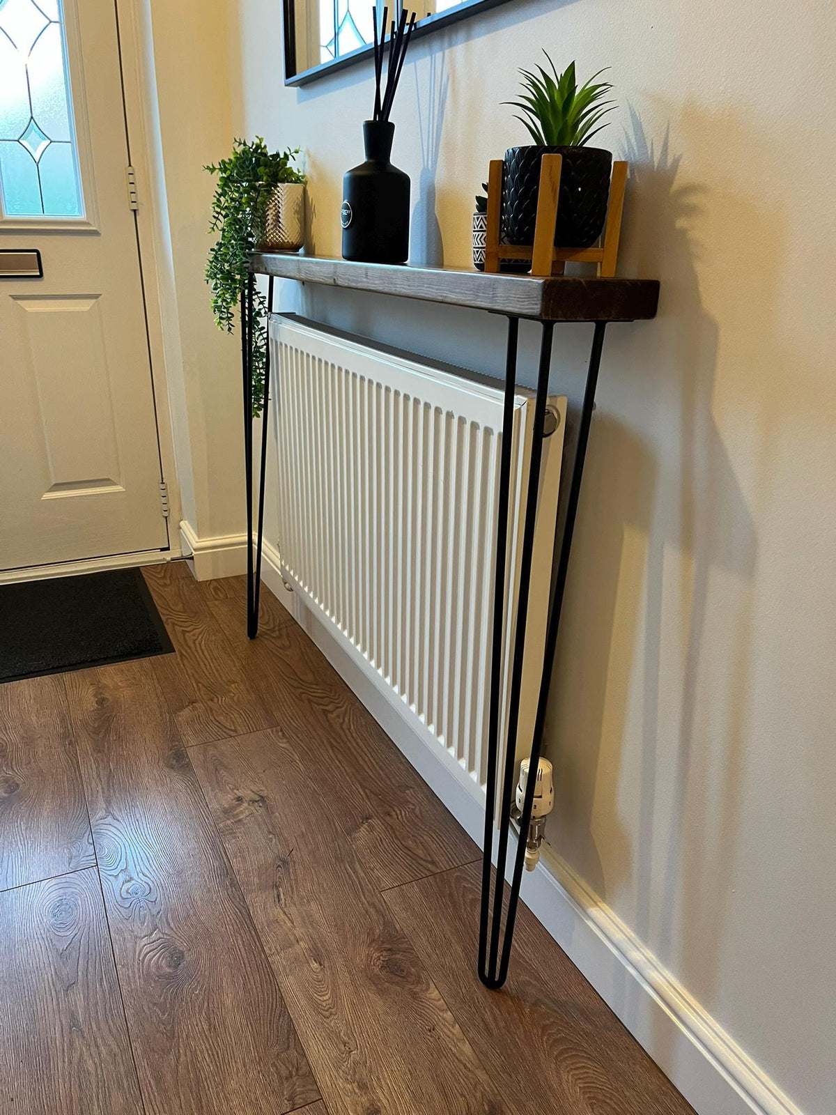 Solid Wood Radiator Shelf Console Table | Slim Hallway Table with Hairpin Legs (3 Colours)