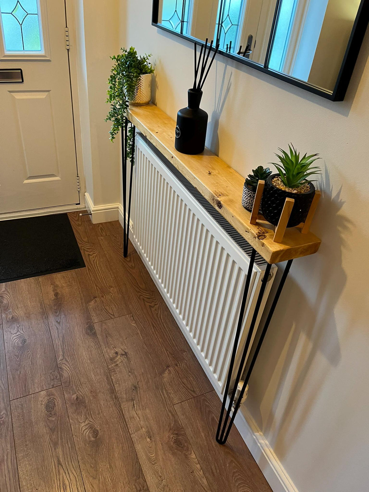 Solid Wood Radiator Shelf Console Table | Slim Hallway Table with Hairpin Legs (3 Colours)
