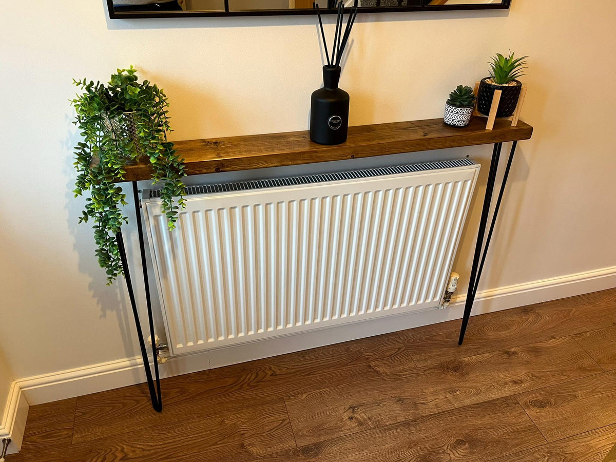 Solid Wood Radiator Shelf Console Table | Slim Hallway Table with Hairpin Legs (3 Colours)
