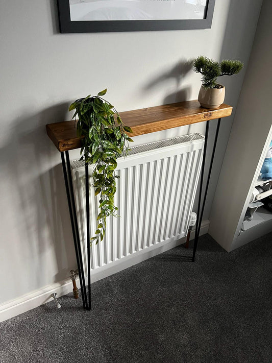 Solid Wood Radiator Shelf Console Table | Slim Hallway Table with Hairpin Legs (3 Colours)