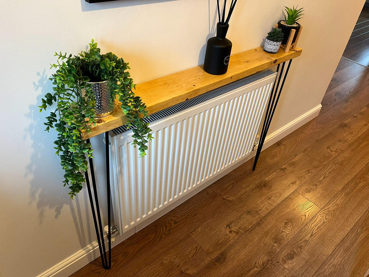 Solid Wood Radiator Shelf Console Table | Slim Hallway Table with Hairpin Legs (3 Colours)