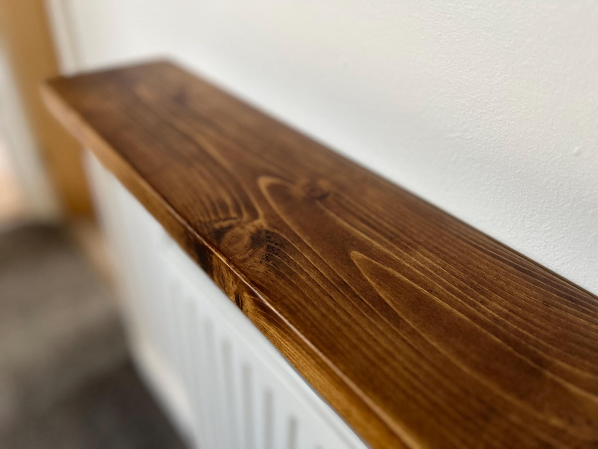 Slim Solid Wood Shelf with Cast Iron Brackets | Industrial Hallway Radiator Alcove Shelf