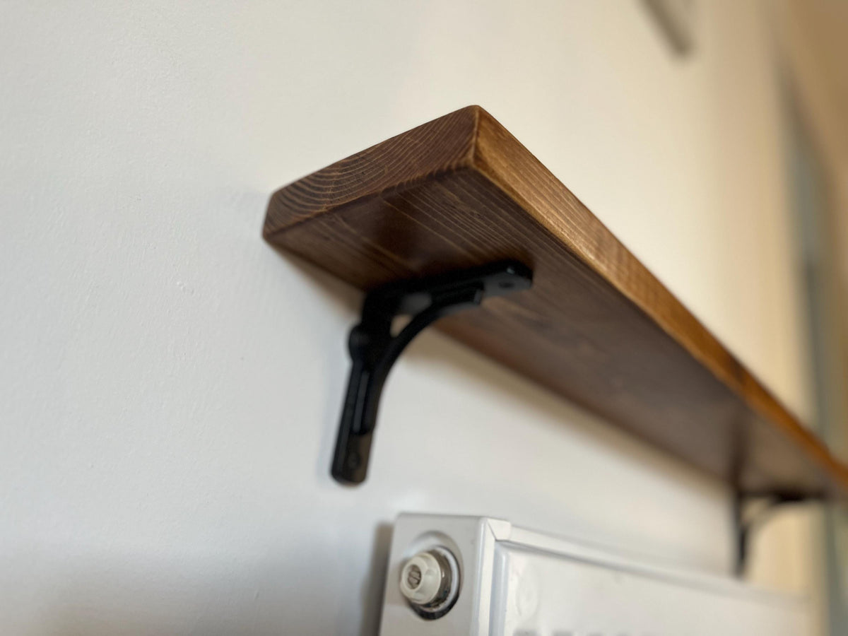 Slim Solid Wood Shelf with Cast Iron Brackets | Industrial Hallway Radiator Alcove Shelf