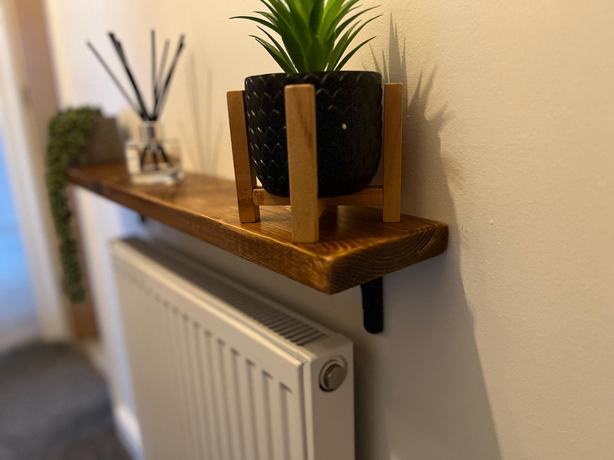 Slim Solid Wood Shelf with Cast Iron Brackets | Industrial Hallway Radiator Alcove Shelf