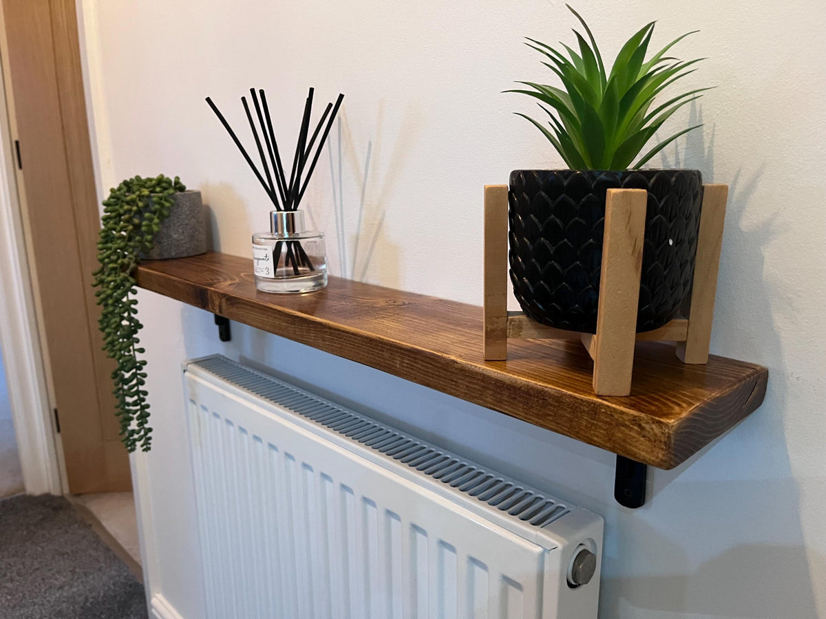 Slim Solid Wood Shelf with Cast Iron Brackets | Industrial Hallway Radiator Alcove Shelf