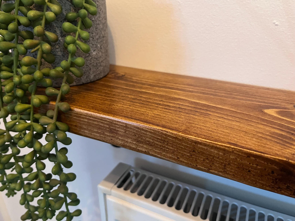 Slim Solid Wood Shelf with Cast Iron Brackets | Industrial Hallway Radiator Alcove Shelf