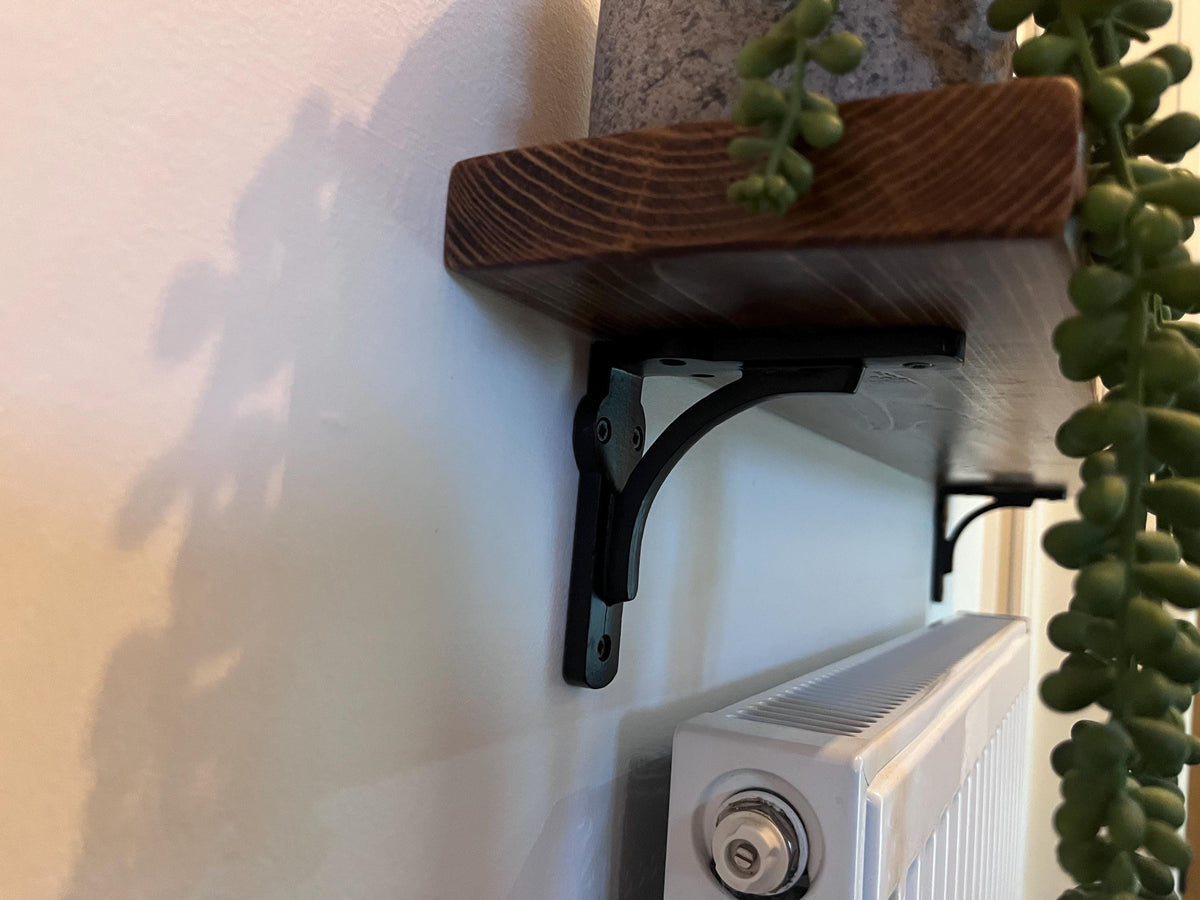 Slim Solid Wood Shelf with Cast Iron Brackets | Industrial Hallway Radiator Alcove Shelf