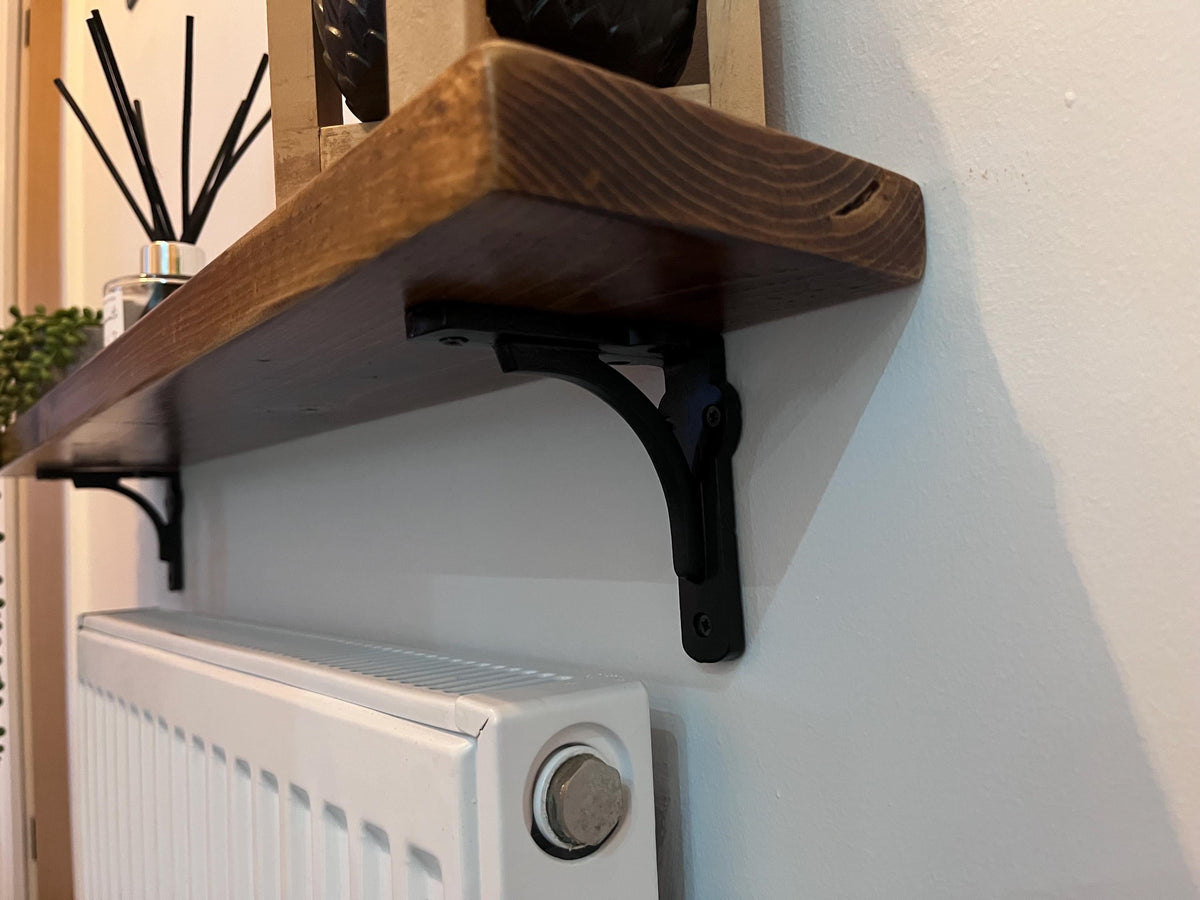 Slim Solid Wood Shelf with Cast Iron Brackets | Industrial Hallway Radiator Alcove Shelf
