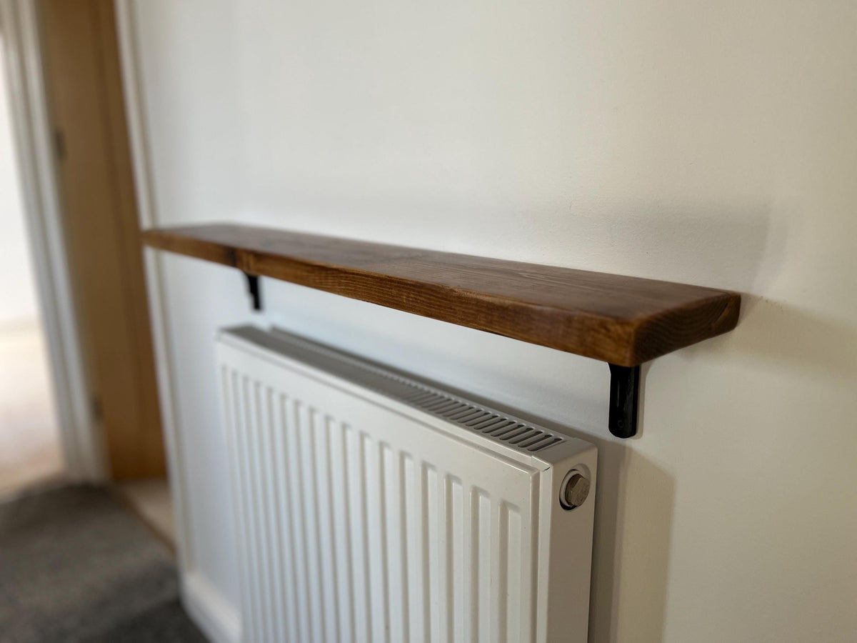 Slim Solid Wood Shelf with Cast Iron Brackets | Industrial Hallway Radiator Alcove Shelf
