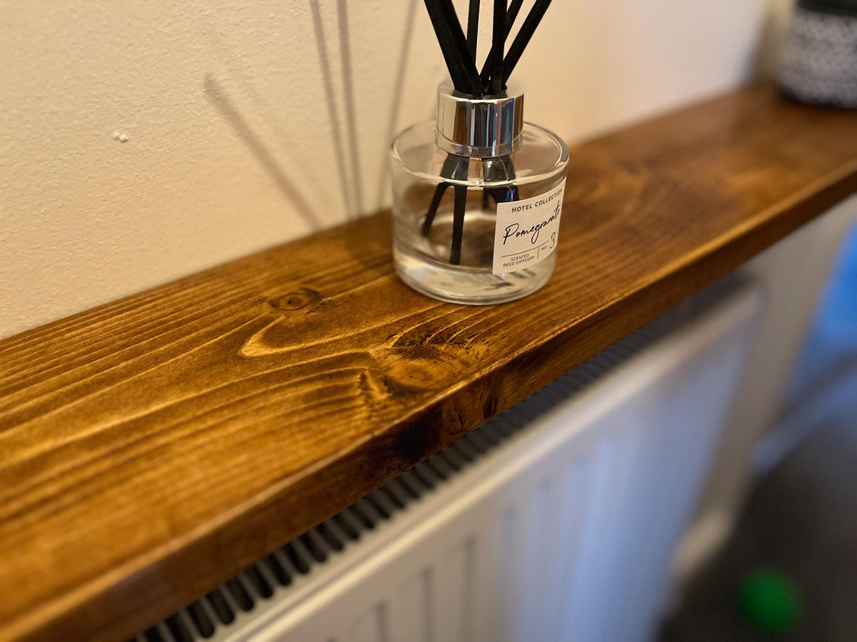 Slim Solid Wood Shelf with Cast Iron Brackets | Industrial Hallway Radiator Alcove Shelf