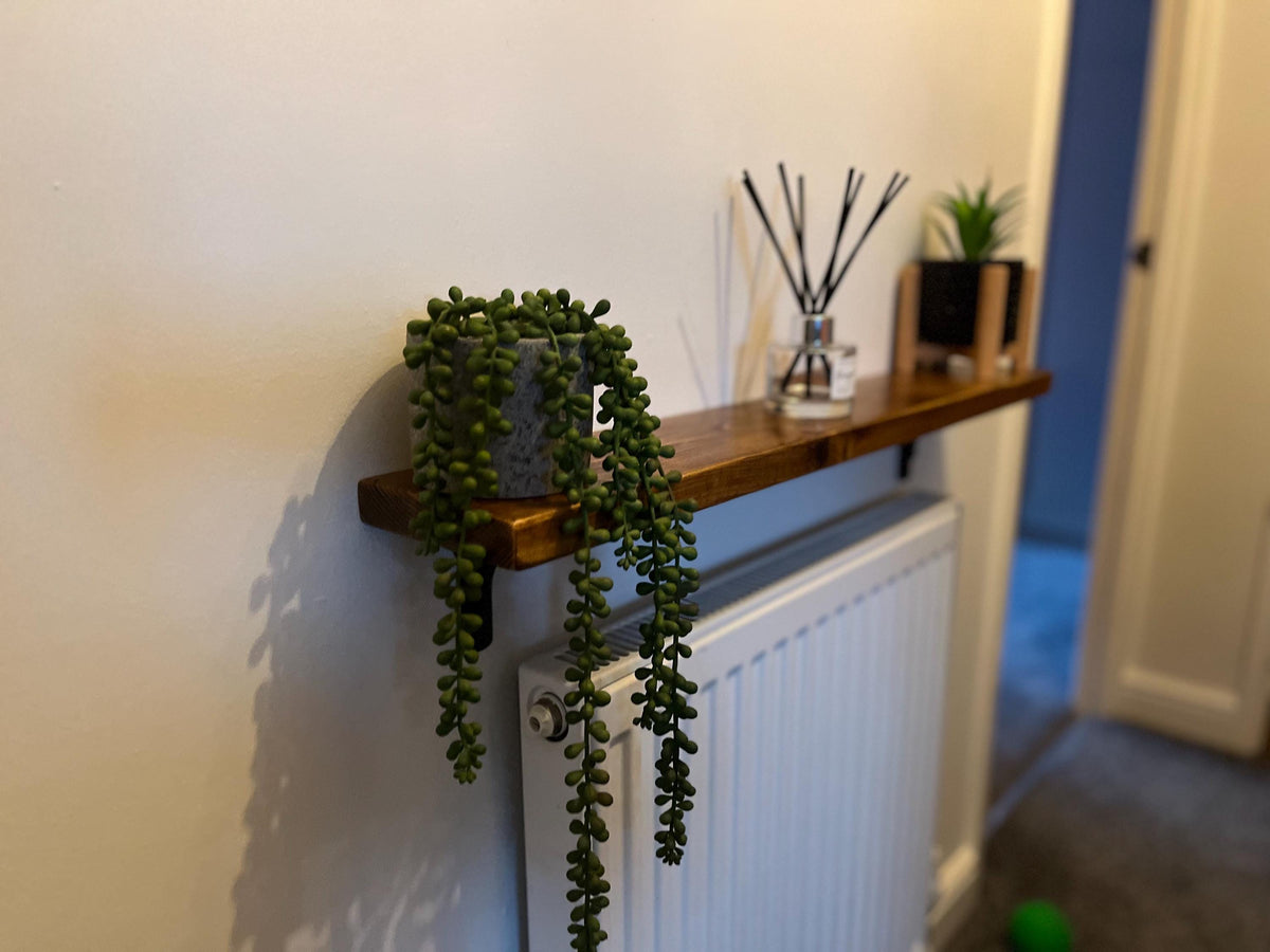 Slim Solid Wood Shelf with Cast Iron Brackets | Industrial Hallway Radiator Alcove Shelf