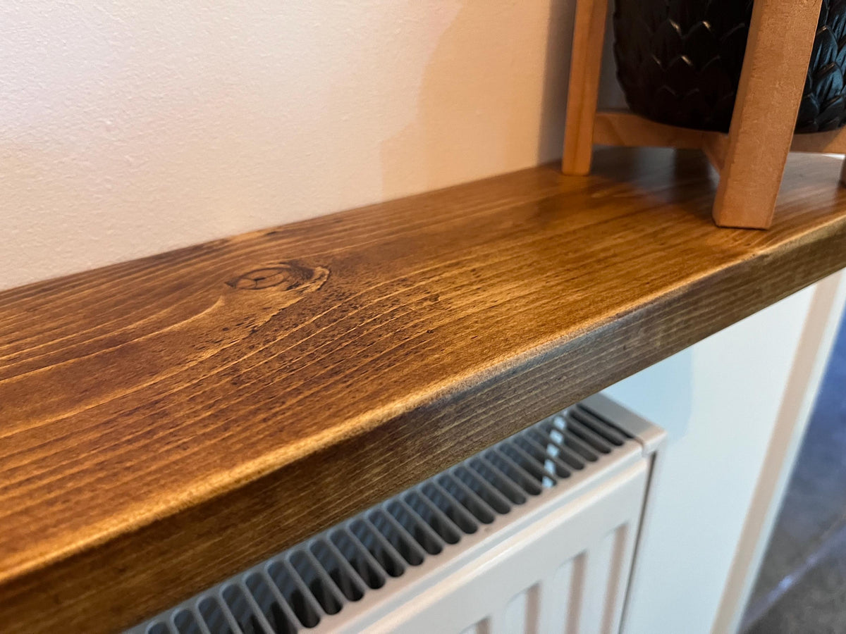 Slim Solid Wood Shelf with Cast Iron Brackets | Industrial Hallway Radiator Alcove Shelf