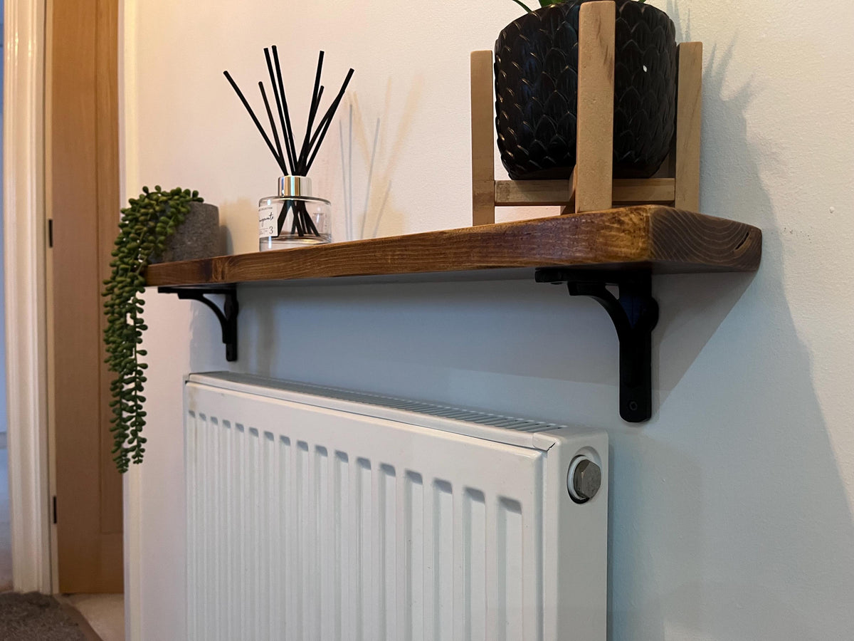Slim Solid Wood Shelf with Cast Iron Brackets | Industrial Hallway Radiator Alcove Shelf