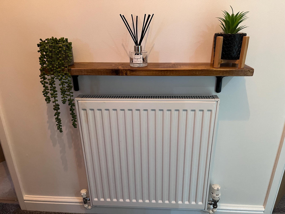 Slim Solid Wood Shelf with Cast Iron Brackets | Industrial Hallway Radiator Alcove Shelf