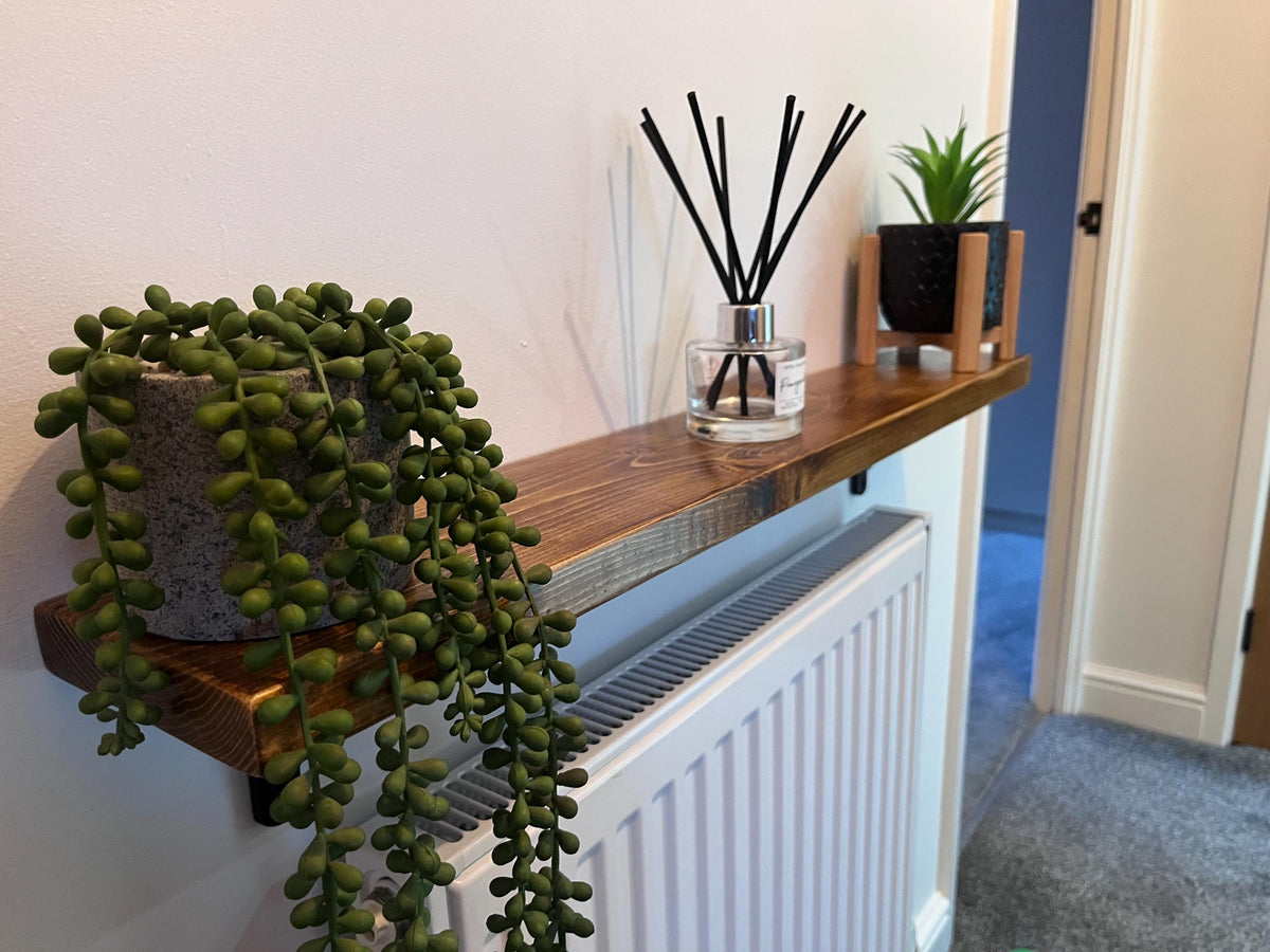 Slim Solid Wood Shelf with Cast Iron Brackets | Industrial Hallway Radiator Alcove Shelf