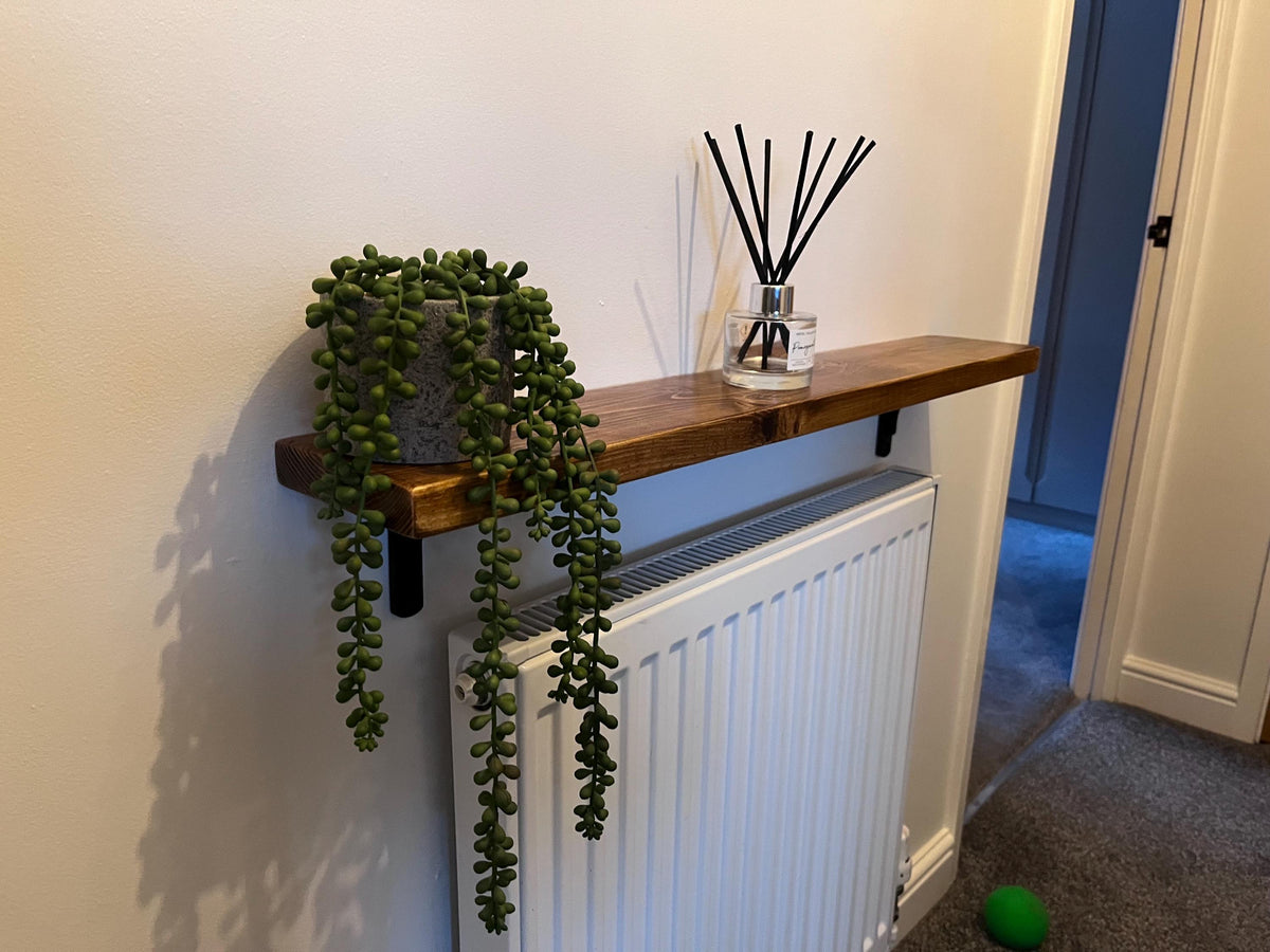 Slim Solid Wood Shelf with Cast Iron Brackets | Industrial Hallway Radiator Alcove Shelf
